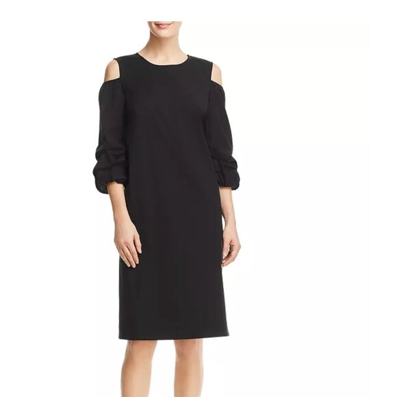 Lafayette 148 New York Willa Shift Dress Cold Shoulder 3/4 Sleeves Black Small - Picture 1 of 13